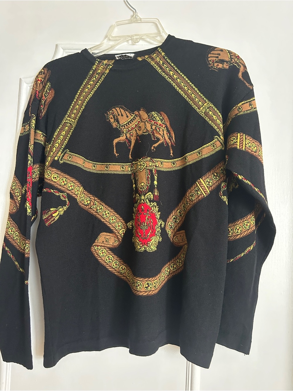 Black Equestrian Print Sweater with Gold & Red Accents